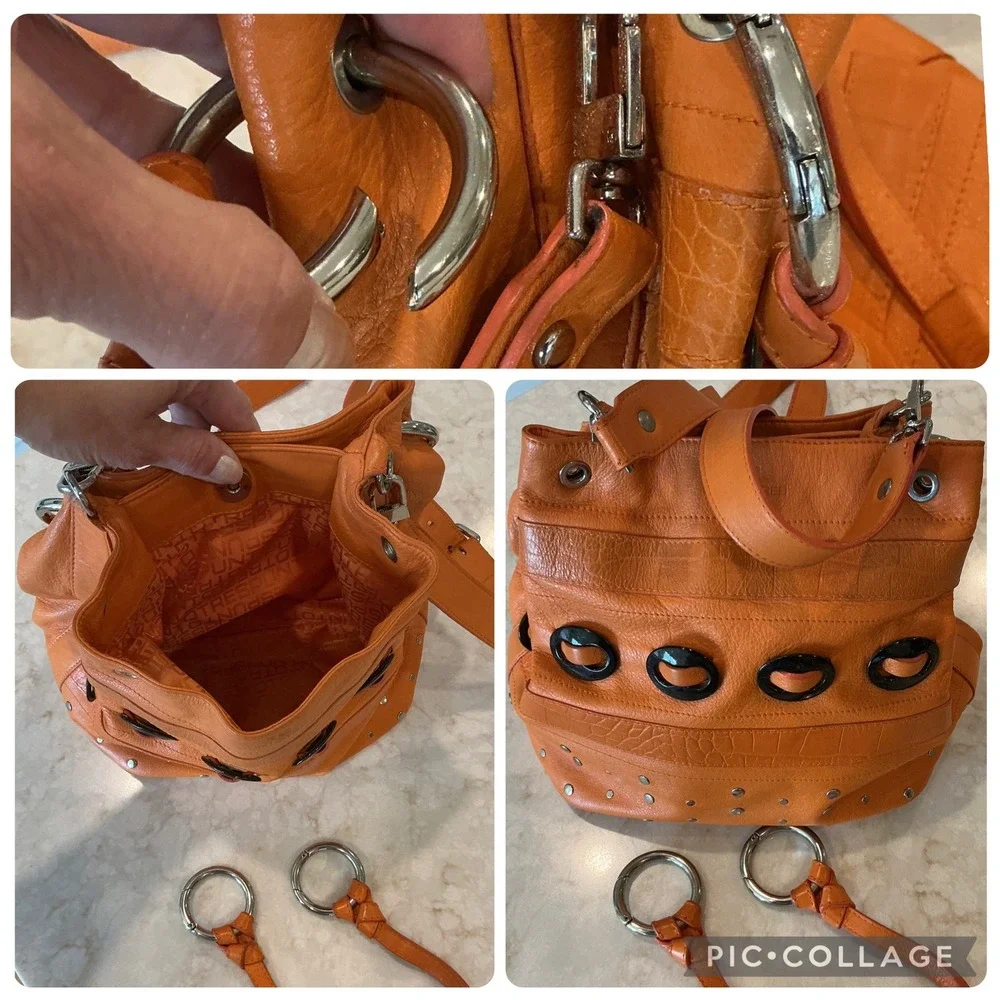 Puntotres Barcelona VINTAGE Orange Leather Satchel Crossbody Bucket Bag‎